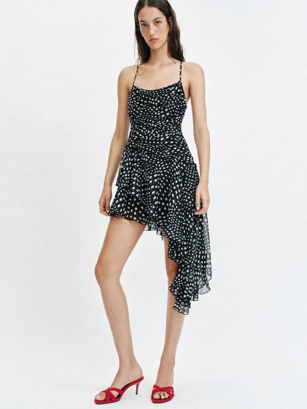 Zara Black & White Polka Dot Asymmetric Slip Dress